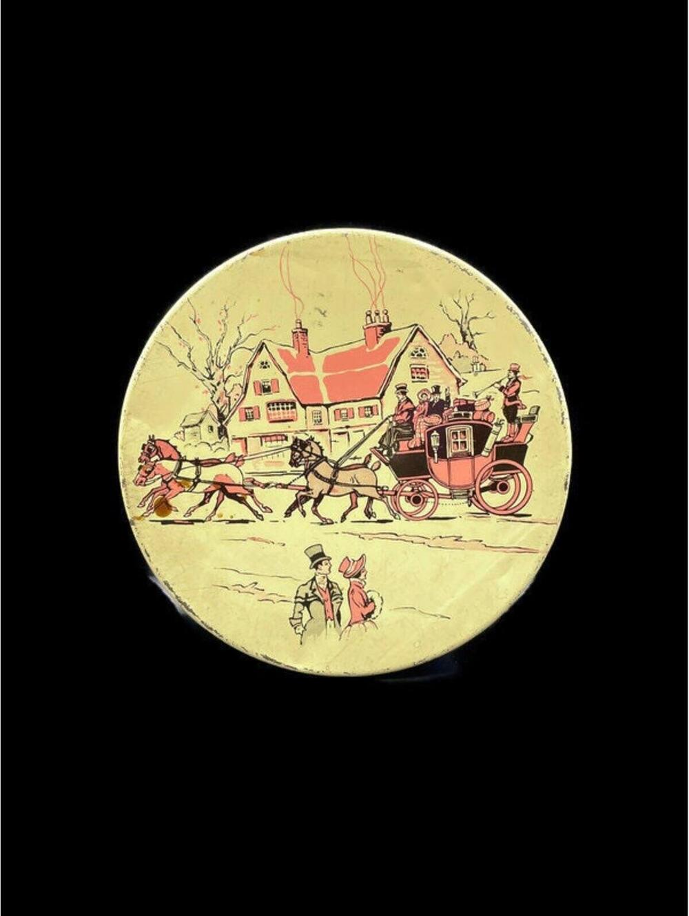 Vintage Fruitcake Tin: Victorian Horse & Carriage Scene